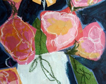 An original abstract floral painting with collage, "Fantasy Floral #2 is matted and ready to frame.