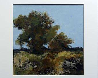 Acrylic Painting, "Hillside Trees", 14" x 14" in a white mat, ready to frame.