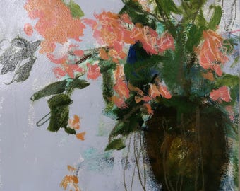 A Mixed media floral still life, matted and ready to frame.