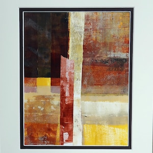 Mixed Media mono-print with collage, matted and ready to frame.