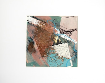 A unique mono-print with collaged elements, matted and ready to frame.