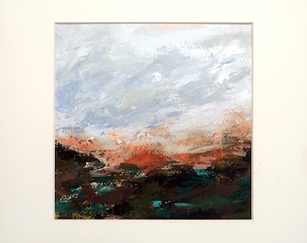 A small poetic landscape painting, matted and ready to frame