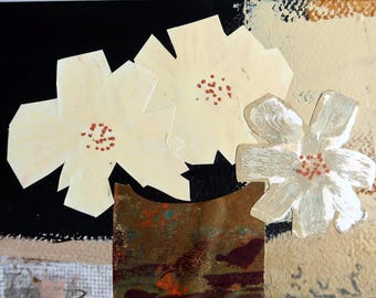 An original abstract still life painting with collage, "3 White Blooms" is matted and ready to frame.