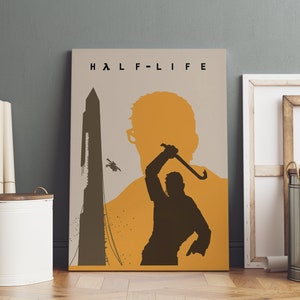 May include: A minimalist poster with a yellow background featuring a silhouette of a person holding a crowbar. The text "HALF-LIFE" is at the top of the poster.