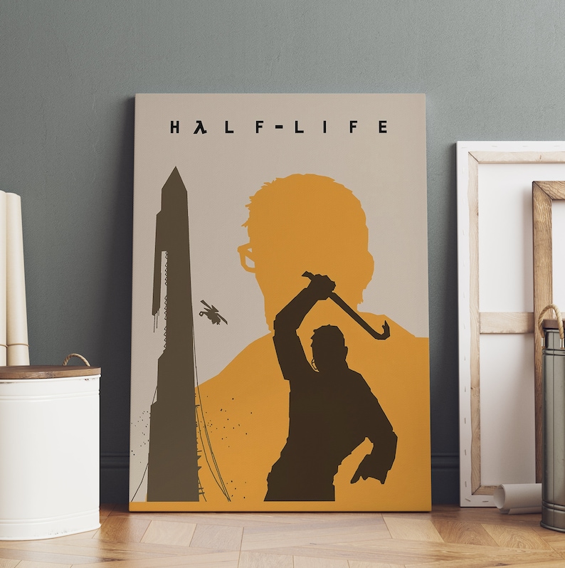 May include: A minimalist poster with a yellow background featuring a silhouette of a person holding a crowbar. The text "HALF-LIFE" is at the top of the poster.