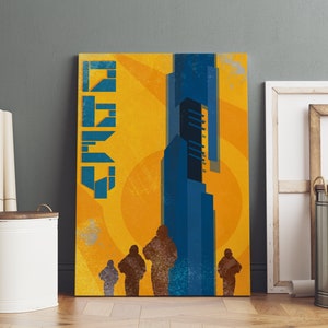 May include: A retro-style poster with a yellow background and a tall blue building. The building has a series of windows and a flat roof. The word "CITY" is written in blue letters on the left side of the poster. Five figures are standing in front of the building.