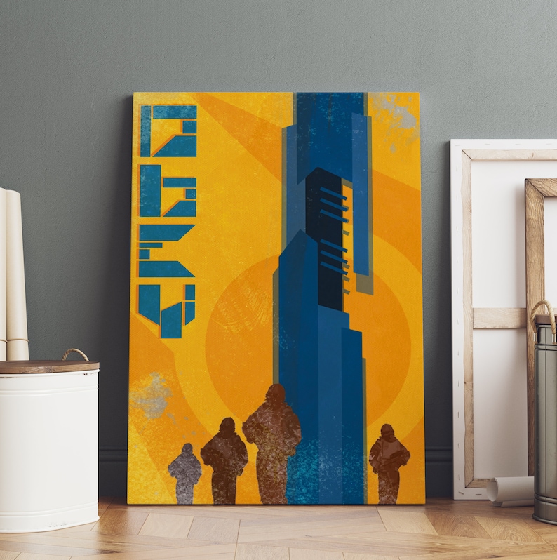 May include: A retro-style poster with a yellow background and a tall blue building. The building has a series of windows and a flat roof. The word "CITY" is written in blue letters on the left side of the poster. Five figures are standing in front of the building.