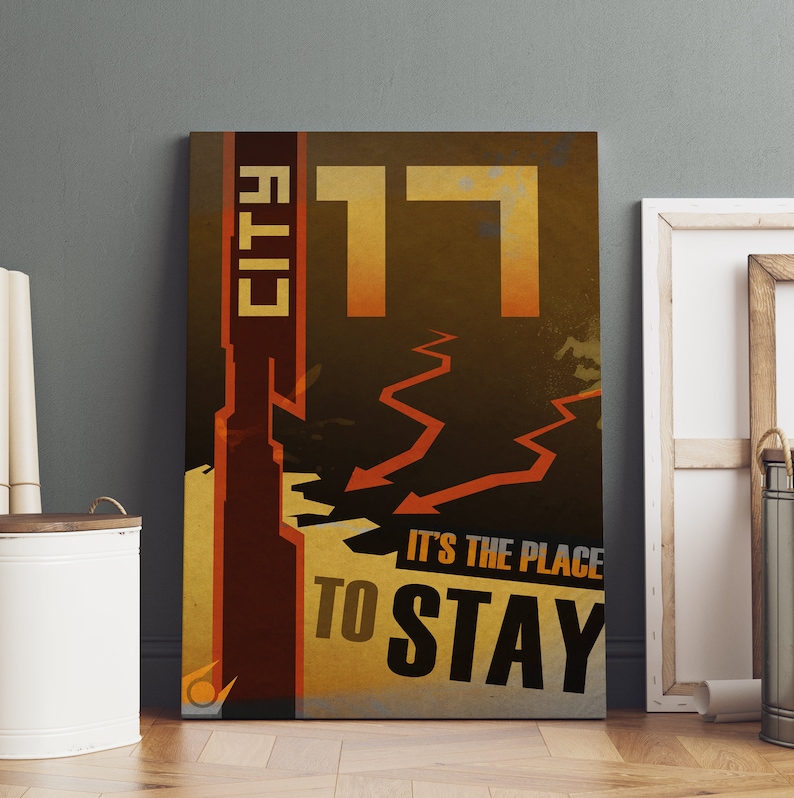 May include: A vintage-style poster with a yellow and orange color scheme. The poster features the text "City 11" and "It's the place to stay". The poster has a retro design with a distressed look.
