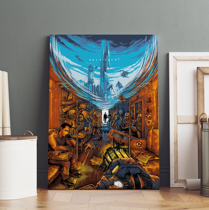 May include: A digital art print of a scene from the video game Half-Life 2. The image features a man in a blue jumpsuit standing in a doorway, with a city skyline in the background. The scene is flooded with water, and there are various objects and characters scattered throughout the image.