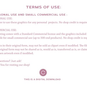 May include: Terms of use for personal and commercial use of digital graphics. The text states that the graphics can be used for personal projects and for small commercial use up to 500 end products. No shop credit is required for either use. The files cannot be sold as clipart, shared, resold, transferred, or claimed as original artwork.