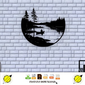 Laser Cut Landscape Drawing Solo Canoeist Wall Decor Instant Download Vector Files Cdr Dxf Svg Ai Eps Pdf