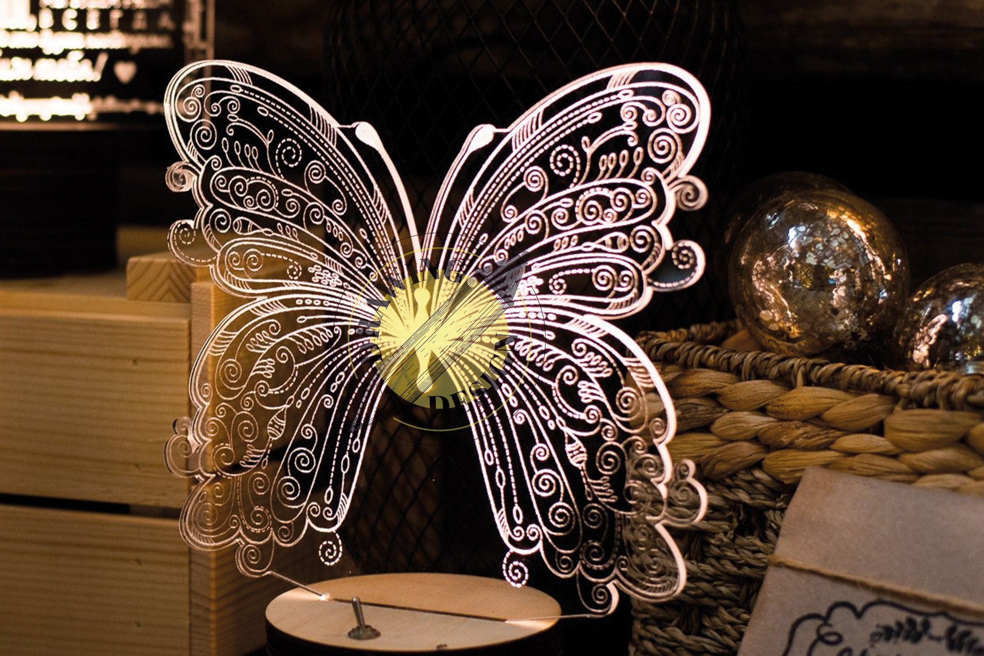 CNC Laser Cut Table Lamp Butterfly Pattern Made by Wood Texture Aesthetic  Realistic SquareShape · Creative Fabrica