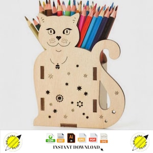 Laser Cut Cat Pencil Holder 3D Puzzle 3mm Instant Download Vector Files Cdr Dxf Svg Ai Eps Pdf