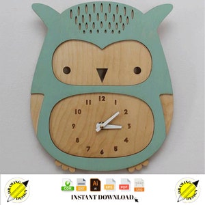 Laser Cut Cute Baby Owl Wall Clock Kids Room Decor Instant Download Vector Files Cdr Dxf Svg Ai Eps Pdf