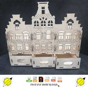 Organizador de madeira em formato de casa cortada a laser com gavetas Download instantâneo de arquivos vetoriais Cdr Dxf Svg Ai Eps Pdf