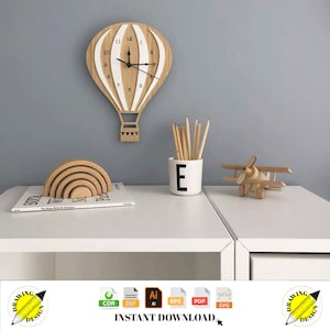 Laser Cut Hot Air Balloon Shape Cartoon Wall Clock Kids Room Decor Instant Download Vector Files Cdr Dxf Svg Ai Eps Pdf