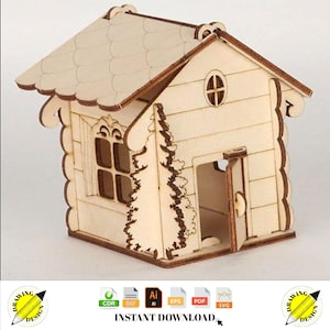 Caixa em forma de casa cortada a laser com árvore Download instantâneo de arquivos vetoriais Cdr Dxf Svg Ai Eps Pdf