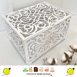 Caixa de cartão de casamento cortada a laser, decorações de aniversário, caixa de cartão de madeira com fechadura, 4mm, download instantâneo de arquivos vetoriais cdr dxf svg ai eps pdf