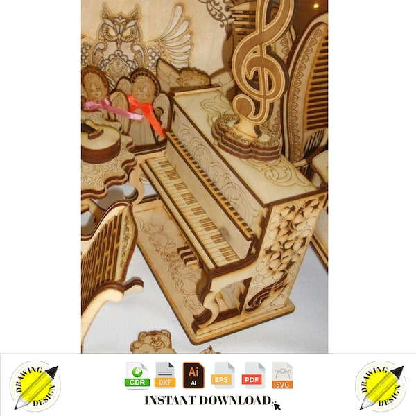 Piano de juguete de madera cortado con láser 4 mm Descarga instantánea de archivos vectoriales Cdr Dxf Svg Ai Eps Pdf