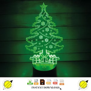 Lámpara de ilusión 3D de árbol de Navidad cortada a láser, descarga instantánea de archivos vectoriales CDR, DXF, SVG, AI, EPS y PDF