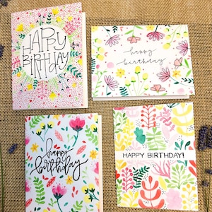 Cartes d'anniversaire florales à l'aquarelle | Jeu de 4 cartes | Cartes peintes à la main