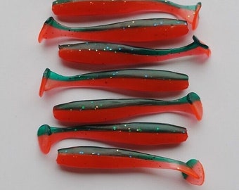 Confezione da 10 esche da pesca Swimbait in plastica morbida. Rosso/Verde 5 cm