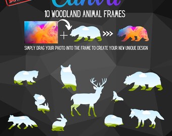 May include: Ten woodland animal silhouette frames with a colorful abstract background. The frames are transparent and can be used to create unique designs by adding a photo to the frame.