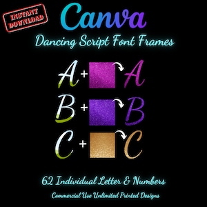 Dancing Script Font Canva Frames Template A-z uppercase lower case and numbers perfect for diy, cricut, designers, small business owners