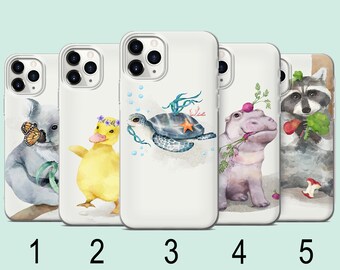 Cute Animal Illustration Phone Case, Koala, Hippo, Raccoon, Ducking, Turtle, Compatible Cases for iPhone, Samsung, Xiaomi And More, L142