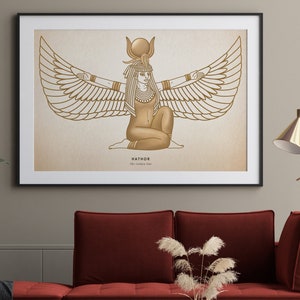 Hathor spiritual wall art print. Egyptian / Kemetic goddess printable poster. Golden line art print. Divine feminine decor. Digital download