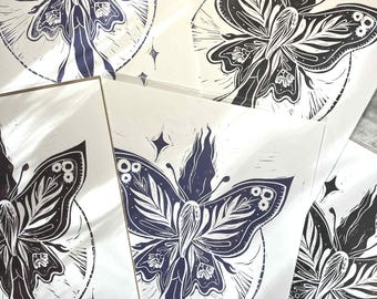 Impression de bloc déesse lune, papillon de nuit luna, style art folklorique, art féminin divin