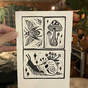 Peut inclure: Estampe en linogravure en noir et blanc avec quatre panneaux d'illustrations sur le th&egrave;me de la nature. Les panneaux repr&eacute;sentent un scarab&eacute;e, des champignons et un escargot avec un cr&acirc;ne et des champignons. L'estampe est tenue par une main.