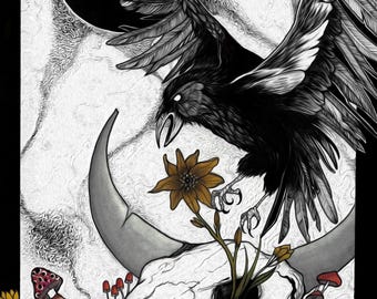 Impression d'art crâne de corbeau : décoration d'intérieur gothique