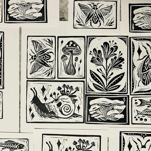 Peut inclure: Ensemble de linogravures en noir et blanc repr&eacute;sentant des motifs inspir&eacute;s de la nature. Les impressions incluent des insectes, des champignons, des fleurs, des squelettes de poissons et un escargot avec un cr&acirc;ne. L'&oelig;uvre est pr&eacute;sent&eacute;e sur fond blanc.