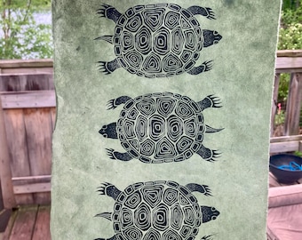 Turtle linocut, painted turtle, reptile themed art block print