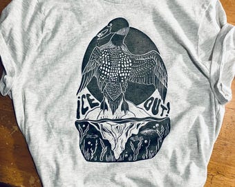 T-shirt imprimé à la main huard, linogravure NO ICE, vêtements résistants au verglas, Minneapolis Minnesota