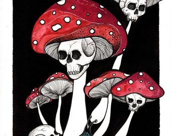 Impression d'art Death Caps, thème lunatique de champignons et de crânes