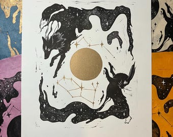 Impression linogravure renard et lièvre, art de la constellation céleste