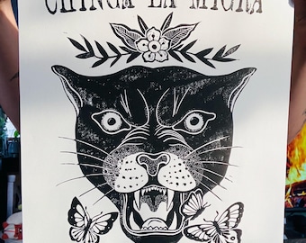 Anti-Ice, linogravure Resistance ~ Chinga La Migra, Fuck Ice, oeuvre d'art Resist and persist