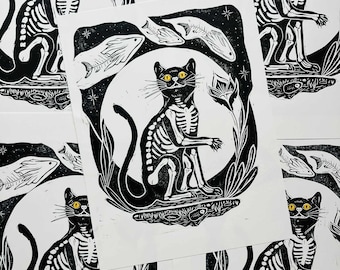 Impression squelette chat lino, impression bloc linoléum effrayant, art sur le thème d'Halloween