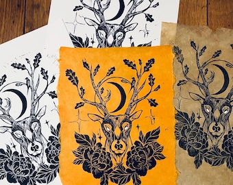 Woodland Deer Linocut, Stag, Devyniaragis mystical art block print