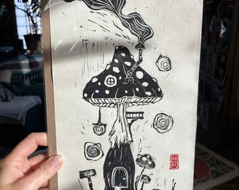 Impression de bloc de maison de champignon, art de conte de fées imprimé à la main