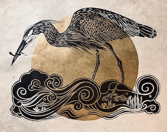 Heron and Eel Lino Print, Handmade Bird Art