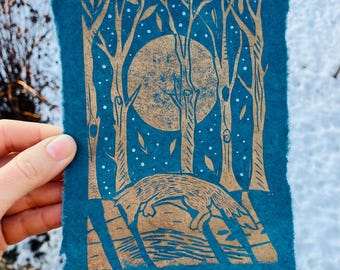 Impression Woodland Fox Lino, Art linogravure, Chasse au renard dans la forêt