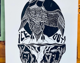 Impression linogravure ICE out Loon, huard de la résistance, affiche Minneapolis ANTI-ICE.