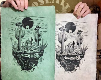 Linogravure du désert - impression de bloc de cactus de cow-boy sur le thème du sud-ouest