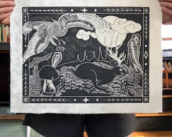 Jackalope Owl Lino Print, Hunter and the Hunted, Japanese Style Linocut (Limited Edition)