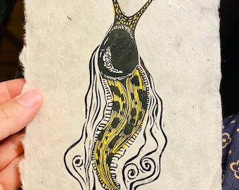 Banana Slug linocut, cottage core Pacific Northwest forest themed art print
