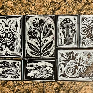 Peut inclure: Ensemble de huit gravures sur linol&eacute;um en noir et blanc, avec des motifs inspir&eacute;s de la nature. Les impressions repr&eacute;sentent un papillon de nuit, des fleurs, des champignons, un oiseau, des squelettes de poissons et un escargot. Les &oelig;uvres sont dispos&eacute;es sur une surface tachet&eacute;e brune.
