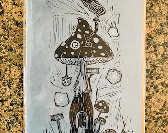 Limited Edition, Mushroom house Block Print - Lamali Lokta handmade Artisan Paper